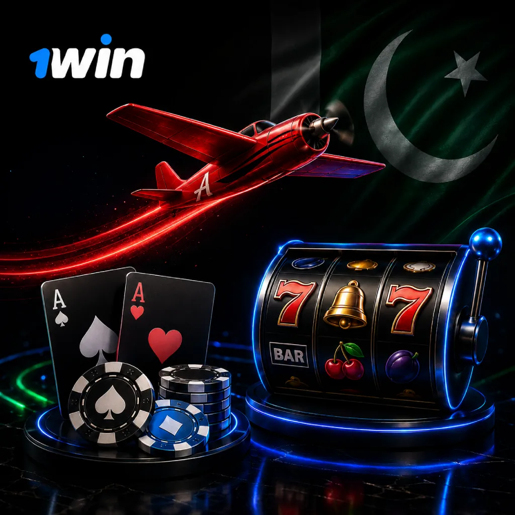 1win Pakistan casino games banner featuring Aviator, poker cards and a slot machine on a dark background