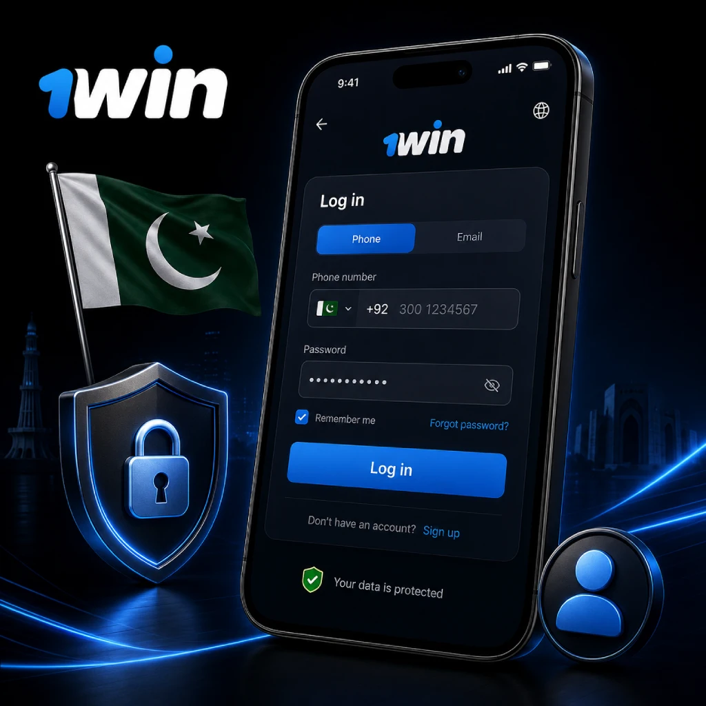 1win Pakistan login form with +92 phone access, secure account protection and Pakistan flag elements