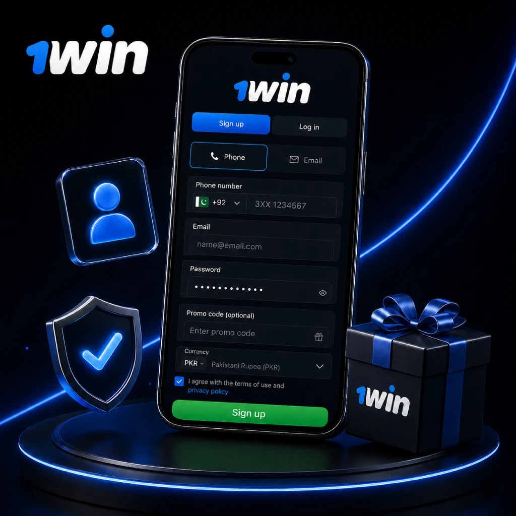 1win Pakistan registration form with +92 phone number and PKR currency displayed on a smartphone