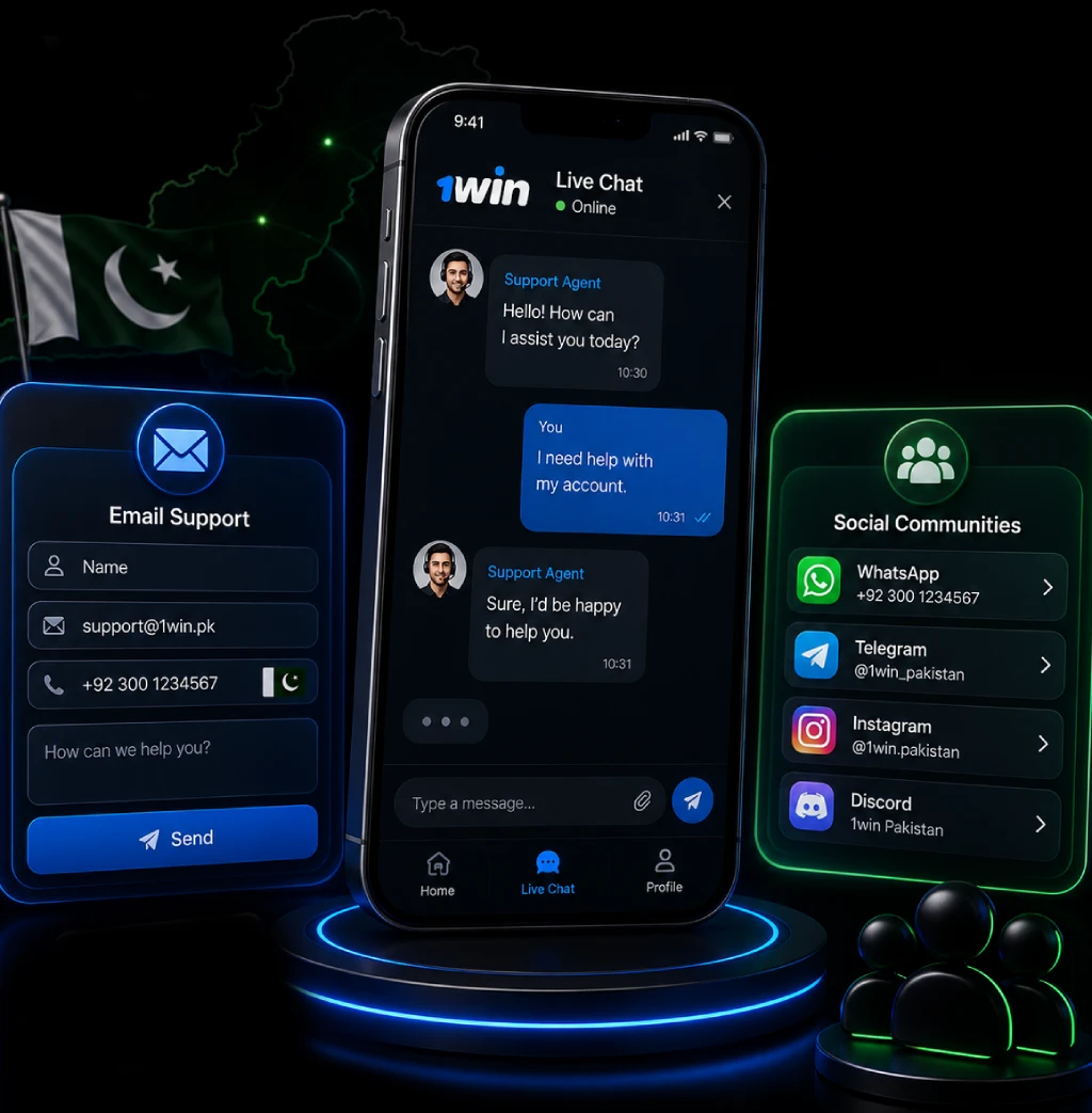 1win Pakistan customer support options including live chat, email, and social media